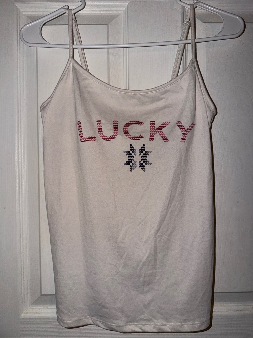 Lucky Brand Cream Built In Bra Camisole Tank Top Graphic Logo Y2K Boho